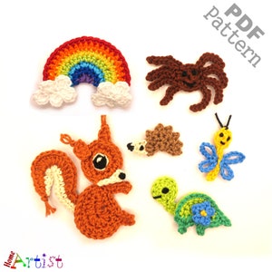 Puede incluir: Un conjunto de patrones de crochet para hacer adorables animales y un arcoíris amigurumi. Los patrones incluyen una ardilla, un erizo, una tortuga, una mariposa, una araña y un arcoíris.