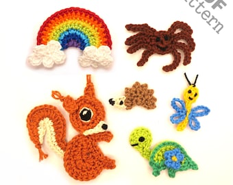 Crochet Applique Pattern Mini Set: Squirrel, Rainbow, Spider, Turtle (PDF Download)