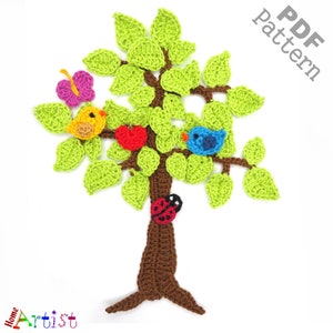 Crochet Pattern - Instant PDF Download - Tree apple bird ladybug butterfly Crochet Applique Pattern applique