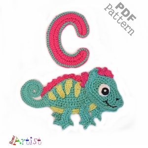 May include: Crochet pattern for a letter C and a chameleon. The letter C is pink and the chameleon is green with yellow accents. The pattern is available as a PDF download.