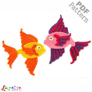 May include: Two crocheted fish in vibrant colors. One is yellow and orange, the other is pink, purple, and red. The fish have detailed fins and tails, and the image includes the text "PDF Pattern" and "Home Artist".