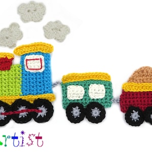 May include: A multi-colored crochet train applique featuring a blue, green, and orange engine with black wheels, a green passenger car, and a red cargo car with a tan load. Three white crocheted clouds float above the engine. Text reads Home Artist.