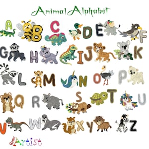 Peut inclure: Alphabet animalier brodé, avec chaque lettre de A à Z accompagnée d'un animal. Les lettres et les animaux sont de différentes couleurs, dont le vert, le jaune, le bleu et le marron. Les mots "Animal Alphabet" sont écrits en vert.