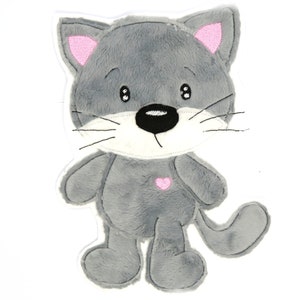 May include: A gray plush cat applique with pink ears and a pink heart on its chest. The cat has a white face with black eyes and a black nose.