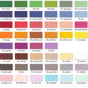 May include: A color chart with 71 different colors, each color is labeled with a number and a name. The colors are arranged in rows and columns.