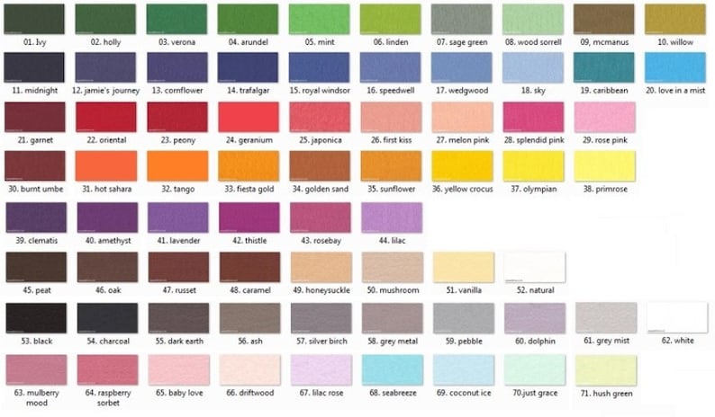 May include: A color chart with 71 different colors, each color is labeled with a number and a name. The colors are arranged in rows and columns.