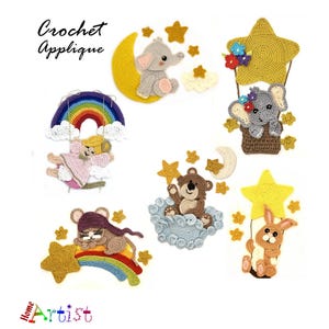 以下が含まれることがあります： 虹、クマのいる雲、ゾウのいる熱気球、ウサギのいる星、そしてネズミのいる虹を特徴とする、かぎ針編みのアップリケパターン。パターンはすべてパステルカラーで、どんなプロジェクトにも遊び心を加えるのに最適です。