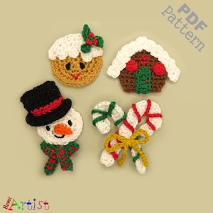 Patroon gehaakte kerstappliqué: sneeuwpop, huis, snoep pdf-download DUT