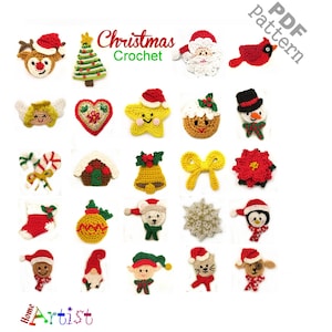 Könnte beinhalten: Ein Set mit 20 gehäkelten Weihnachtsornamenten, darunter ein Rentier, ein Weihnachtsbaum, der Weihnachtsmann, ein Kardinal, ein Engel, ein Herz, ein Stern, ein Lebkuchenhaus, eine Glocke, eine Schleife, ein Weihnachtsstern, ein Strumpf, ein Ornament, ein Schneemann, ein Pinguin, ein Zwerg, ein Elf, eine Katze und ein Hund. Die Ornamente sind alle in verschiedenen Farben, darunter Rot, Grün, Weiß und Gelb.