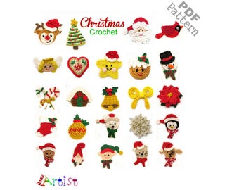 May include: A set of 20 crochet Christmas decorations, featuring a reindeer, a Christmas tree, Santa Claus, a robin, an angel, a heart, a star, a gingerbread house, a bell, a bow, a poinsettia, a stocking, a bauble, a snowman, a penguin, a gnome, an elf, a cat, and a dog. The decorations are all in various colours, including red, green, white, and yellow.