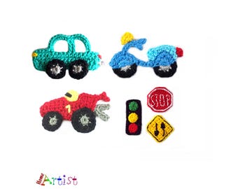 Crochet Car & Traffic Sign Appliques: Custom Colors, Sew-On Patches