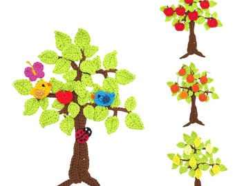 Crochet Bird Tree Applique: Custom Color Choice, Sew-On Embroidery Patch (7" Cotton)