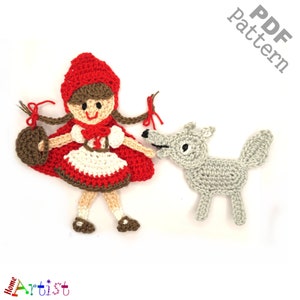 May include: Crochet pattern PDF for a red hooded girl and a gray wolf. The pattern is for a craft project and includes instructions for making the characters.