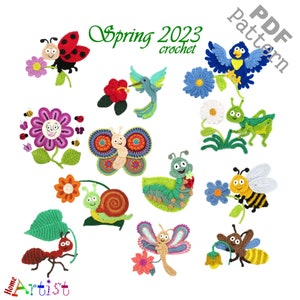 May include: A set of crochet patterns for spring featuring a variety of colorful animals and insects, including a ladybug, butterfly, hummingbird, bee, snail, ant, grasshopper, and caterpillar. The patterns are titled "Spring 2023 Crochet".