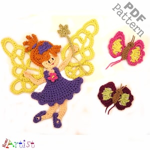 May include: Crochet pattern for a fairy with butterfly wings and two butterflies. The fairy is purple, yellow, and orange. The butterflies are pink and yellow, and brown and green.