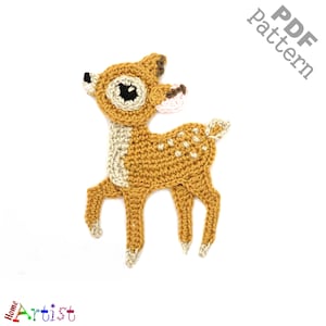 May include: Crochet pattern for a fawn, a small deer with brown and white fur, with the words "PDF pattern" in the upper right corner of the image.