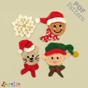 Puede incluir: Adornos navideños de crochet con un copo de nieve, un hombre de jengibre, un gato y un elfo. Cada adorno tiene un gorro rojo y blanco y una bufanda roja.