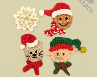Christmas Crochet Applique Pattern: Snowflake, Cat, Elf, Gingerbread (PDF Download)