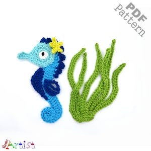 Crochet Pattern - Instant PDF Download - Seahorse + Plants crochet Applique Pattern applique