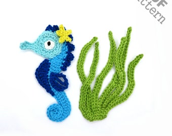 Crochet Pattern - Instant PDF Download - Seahorse + Plants crochet Applique Pattern applique