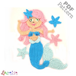 Puede incluir: Patrón de crochet para una sirena con cabello rosa, cola azul y detalles de estrellas de mar. Patrón PDF.