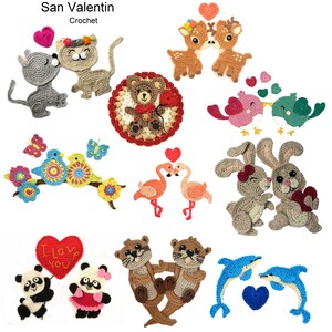 Puede incluir: Una colección de apliques de ganchillo con parejas de animales que incluyen gatos, ciervos, pájaros, flamencos, conejos, pandas, nutrias y delfines, junto con corazones y flores. El texto San Valentin Crochet es visible arriba a la izquierda.