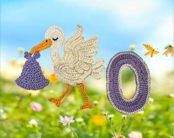Stork Crochet  Number 0 Birthday Applique Animal Pattern  US version Instant PDF Download