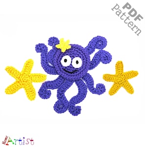 May include: Crochet pattern for a purple octopus with yellow starfish. The pattern is available as a PDF download.