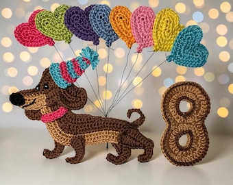 Dachshund Crochet  Number 8 Birthday Applique Animal Pattern  US version Instant PDF Download