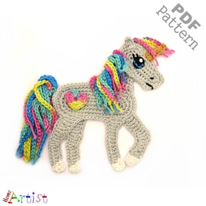 Patrón de aplique de unicornio y caballo de crochet con cresta 3D (PDF)