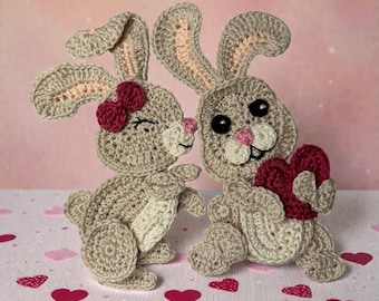 Bunny duo Crochet Pattern Rabbit San Valentin Applique Patch US version Instant PDF Download