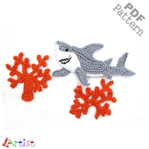 Crochet Pattern Shark Sea Plants Applique Patch US version Instant PDF Download
