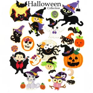 Może przedstawiać: Kolekcja szydełkowych aplikacji o tematyce Halloween, w tym nietoperz, czarownica, duch, czarny kot, pająk, czaszka, dynia i sowa. Tekst "Halloween Collection" znajduje się u góry. Każdy element ma żywe kolory, takie jak pomarańczowy, fioletowy i czarny.
