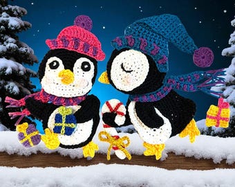 Crochet Pattern Happy Penguin Duo Chrisrmas Applique Patch US version Instant PDF Download
