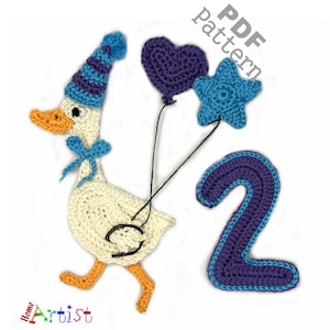 May include: Crochet pattern for a goose wearing a party hat and holding a heart and star balloon, along with a purple number 2. PDF pattern.