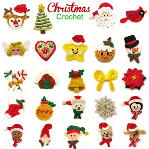 May include: A collection of 24 crocheted Christmas ornaments, including a reindeer, a Christmas tree, Santa Claus, a cardinal, an angel, a heart, a star, a gingerbread man, a snowman, a candy cane, a gingerbread house, a bell, a bow, a poinsettia, a stocking, an ornament, a mouse, a snowflake, a penguin, a bear, a gnome, an elf, a cat, and a dog.