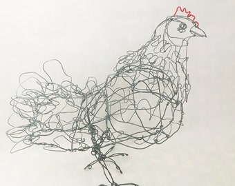 Bantam Hen-Grey with Red Comb -Wire Drawing Sculpture art