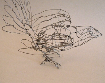 Standing Song Sparrow-Wire Drawing Bird Sculpture (wings spread out, silver)