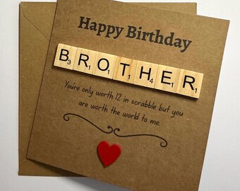 Brother Birthday Card on thick card 6 x 6 inches with wooden scrabble and heart