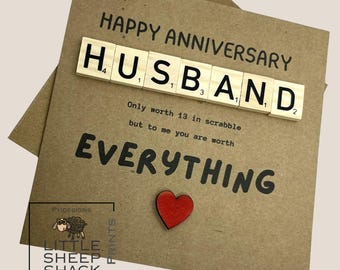 Husband anniversary scrabble sentiment card on thick quality card