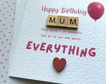 Mum birthday card with wooden scrabble and pink wooden heart, quality hammered white card 6 x 6 inches