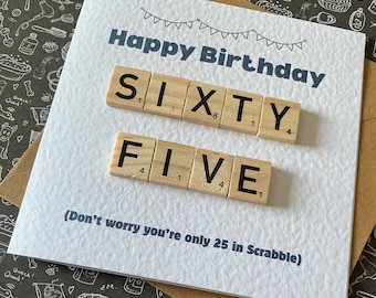 65th Birthday Card, Humorous Scrabble Tile Design, Hammered Card (6 x 6 inches)