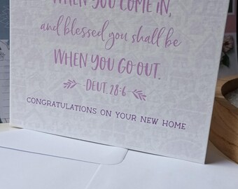 New Home card with scripture 6x6 inches large on quality hammered card.