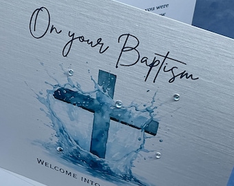 Adult Christian Baptism Card, Linen Cardstock, Water Droplets, Scripture Verse