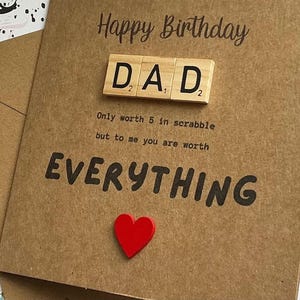 Dad Birthday wooden scrabble sentiment card on thick quality 6 x 6 inch card with red wooden heart. image 6