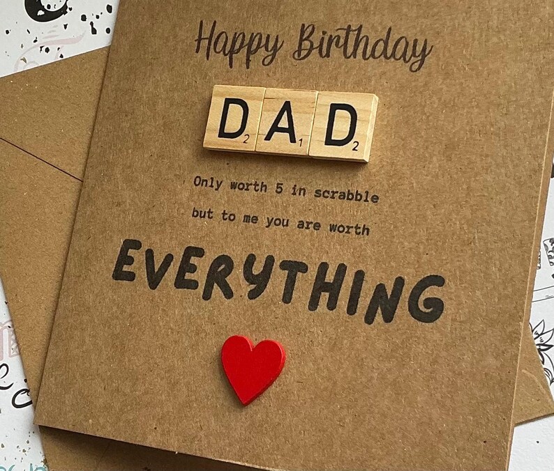 Dad Birthday wooden scrabble sentiment card on thick quality 6 x 6 inch card with red wooden heart. image 6