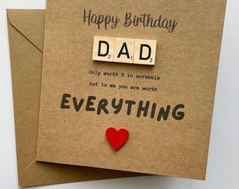 Dad Birthday wooden scrabble sentiment card on thick quality 6 x 6 inch card with red wooden heart.