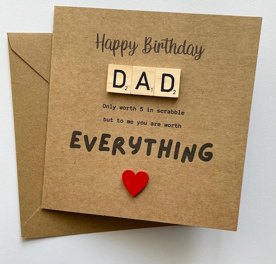 Dad Birthday wooden scrabble sentiment card on thick quality 6 x 6 inch card with red wooden heart.
