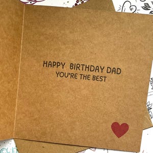 Dad Birthday wooden scrabble sentiment card on thick quality 6 x 6 inch card with red wooden heart. image 3
