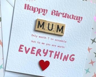 Mum birthday card with wooden scrabble and red wooden heart, quality hammered white card 6 x 6 inches